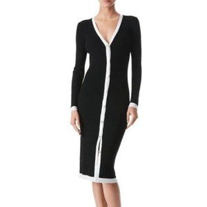 Alice + Olivia Sz M Dress Midi Sweater Alcina Rib Knit Wool Blend Black V-neck
